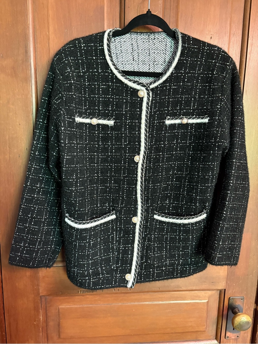 Black Tweed Pearl-Button Boxy Jacket with White Trim